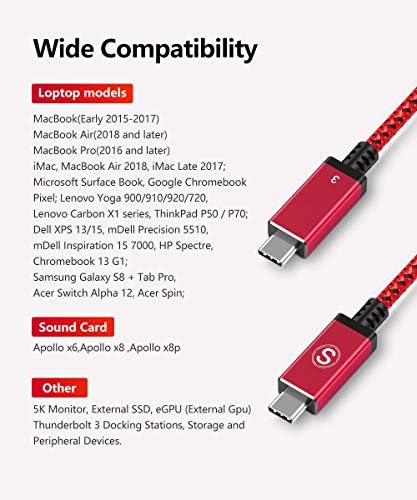 Thunderbolt 3 כבל, Sweguard 40GBPS העברת נתונים/ 100W טעינה/ 5K@60Hz תואם עבור USB 3.1 GEN 1 ו- 2, MacBook,