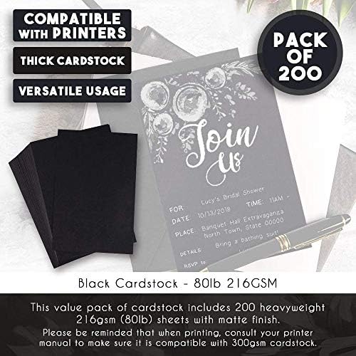 קרטסטוק שחור - 200 -חבילות 4x6 משקל כבד קרטסטוק חלק, 80 קילוגרם 216 גרם כרטיסי כיסוי, נייר נייר