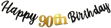 שחור שמח 90 יום הולדת באנר סימן זהב גליטר 90 שנים מסיבת יום הולדת קישוטי אספקת יום נישואים חגיגת