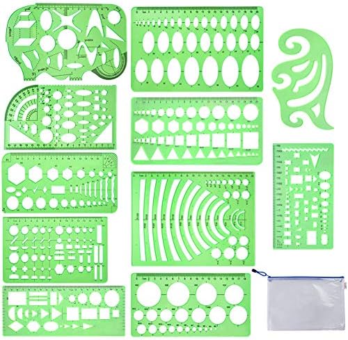 קינקלינג 11 חתיכות גיאומטרי ציורים תבניות שבלונות פלסטיק מדידת תבנית שליטים ברור ירוק צורת תבנית עבור ציור
