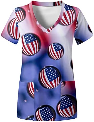 4 ביולי חולצת טי לנשים דגל אמריקאי קיץ שרוול קצר עם צווארון עם 2 כיסים חולצות בגדי עבודה מזדמנים לחג