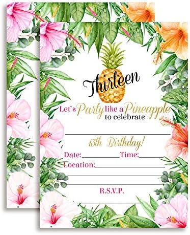 יום הולדת 13 פרחים טרופיים אננס Aloha luau הזמנות למסיבת המסיבה, 20 5 x7 מלא כרטיסים עם עשרים