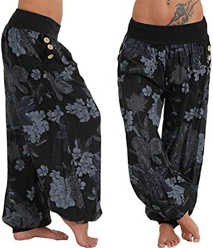 נשים הדפסת רחב הרמון מכנסיים היפי בוהו רופף כיס כפתור הרמון מכנסיים גבוהה מותן רחב חוף מכנסיים