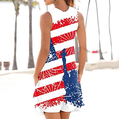 4 ביולי שמלות לנשים מקרית קיץ חוף שמלה אמריקאי דגל חור מנעול שרוולים צוואר כוכבים פסים שמלה קיצית