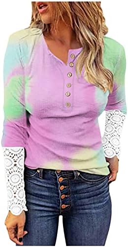 נשים רזה תחרה שרוול ארוך שרוול צוואר צוואר כפתור הדפס סוודר טריקו חולצת חולצות טוניקה עליונות סוודר חולצה