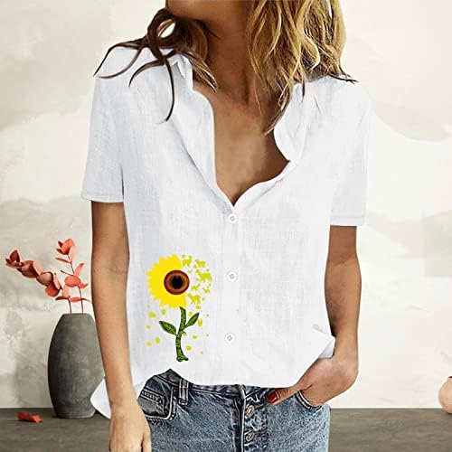 נשים חולצה מזדמנת כפתור קיץ חולצות חולצות חולצות שרוול קצר צמרות צוואר כותנה פשתן פרחוני עבודה חולצות טוניקה