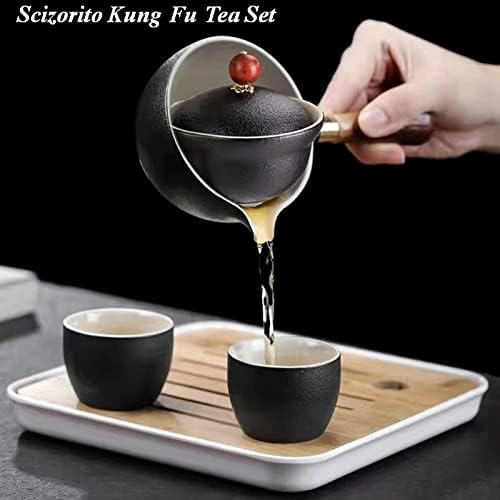 ערכת תה טיולים ניידים של Scizorito Ceramic, ערכת תה קונגפו סינית עם 360 קומקום סיבוב ומוציאה, 4 כוסות תה, מגש