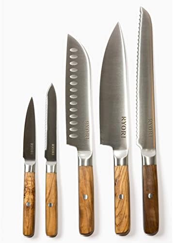 סט סכיני ריורי-סכיני מטבח עם להב פלדה גרמני וידית עץ זית-סנטוקו, שף, לחם, זיווג וסט סכיני שירות