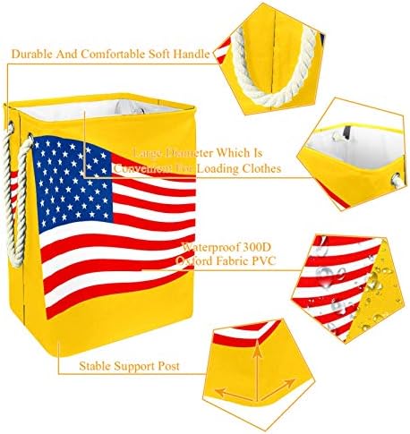 דייה עמיד למים סלי כביסה גבוה חסון מתקפל אמריקאי דגלי עם צהוב רקע הדפסת סל למבוגרים ילדים בני נוער בנות