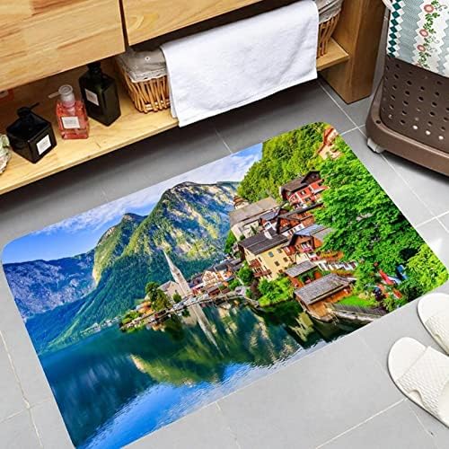 שטיח שטיח אמבטיה אדמה דיאטומית צ 'יאן האלשטאט, כפר ההרים באוסטריה בהרי האלפים האוסטריים בזריחה שטיח דלת