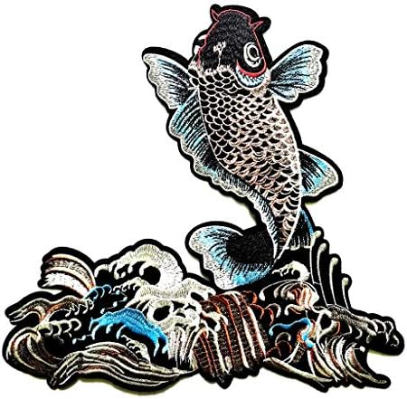 PP תיקון גדול ג'מבו גדול כחול יפני קרפיון קוי דג לוטוס לוגוס של בעלי חיים מצוירים לוגו אחורי ז'קט חולצה