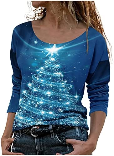 חולצות לנשים חג המולד עץ הדפסת חולצה ארוך שרוול סירת צוואר חולצה חולצות פתית שלג מזדמן רופף טוניקת סוודר