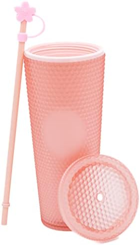כוס משובצת פלסטיק מט קוואיונו 24 עוז / כוס משובצת קיר כפול עם מכסה, מכסה מכסה וקש / ללא כיסוי