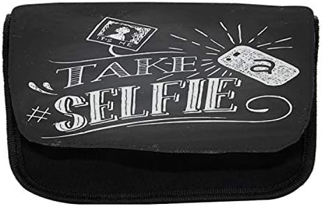 מארז עיפרון לונא -לונאלי, קח ביטוי selfie, תיק עיפרון עט בד עם רוכסן כפול, 8.5 x 5.5, אפור פחם ולבן