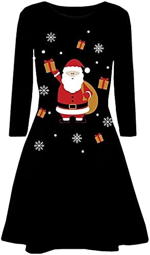 נשים של קוקטייל המפלגה שמלה ארוך שרוול סנטה קלאוס גרפי רופף נדנדה שמלות החג שמח שמלה לנשים