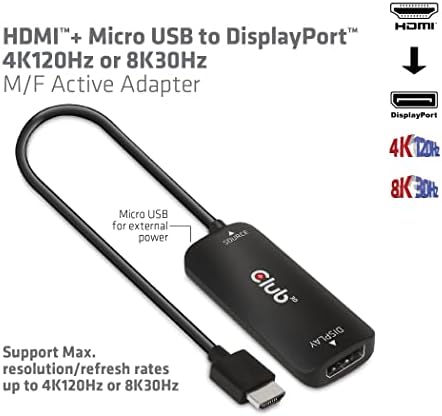 Club 3d 4K 120Hz או 8K30Hz HDMI למתאם וידאו DisplayPort W/USB Power - HDMI 2.1 ל- DP 1.4 ממיר צג פעיל