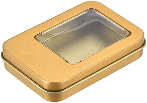 קופסת פח מתכת UXCELL, 3.43 x 2.36 x 0.71 מלבני מלבני ריק מלבני אחסון עם מכסה חלון ברור, צליל זהב