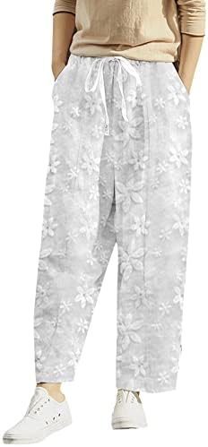 מכנסי פשתן של ניאנטי לנשים חוף חוף מזדמן קפרי רופף מותניים אלסטיים מכנסי קיץ מכנסי רגל רחבים עם כיס