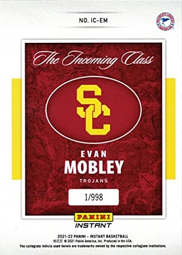 2021-22 כדורסל מיידי של פאניני IC -Em Evan Mobley Card Card - כרטיס טירון רשמי ראשון - רק 998 תוצרת!