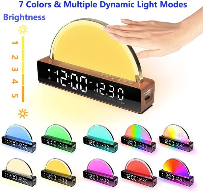 שעון מעורר זריחה, להתעורר אור עם סימולציה זריחת מגע דינמי אווירה אור 6 צלילים טבעיים 7 צבע שינה נשימה אור