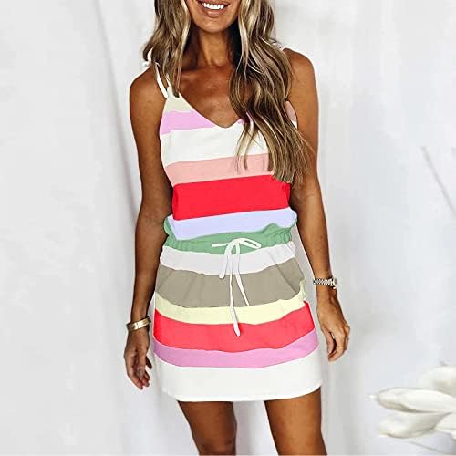 נשים קיץ שמלות 2023 מקרית צבע בלוק ספגטי רצועת צוואר שרוולים שרוך מותניים מיני חוף שמלה