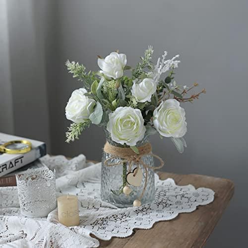 YXZZWL מזויף פרחים עם אגרטל, משי מלאכותי ורדים זר פרחים בתוך אגרטל, מרכזו קישוטי שולחן קפה שולחן， הסלון ，שולחן