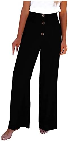 נשים פשתן קפלי מכנסיים אלסטי גבוהה מותן רחב רגל מכנסיים מזדמנים רופף פאלאצו מכנסיים עם כיסים כפתור פירוט