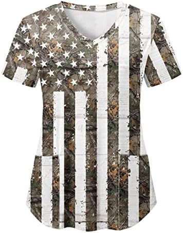 4 ביולי חולצת טי לנשים ארה ב דגל קיץ קצר שרוול צווארון חולצות עם 2 כיסים חולצה למעלה חג מזדמן