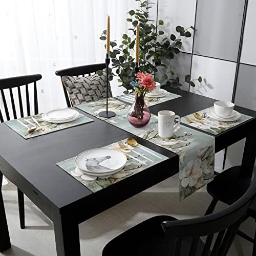 רטרו לבן פרחי מפיות סט של 6 עם 72 סנטימטרים ארוך שולחן רצי, כותנה פשתן שיק פרחוני אוכל שולחן