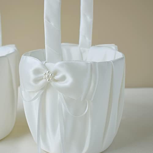הויאר 2 יחידות פרח ילדה סל וטבעת כרית סט לחתונה, פשוט וקלסי פרל נושא טבעת כרית