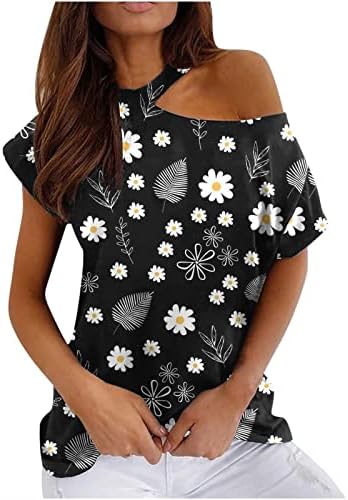 נשים של קצר שרוול פרחי טי מודפס קר כתף עגול צוואר חמוד קיץ חולצות סימטרי רופף חולצות