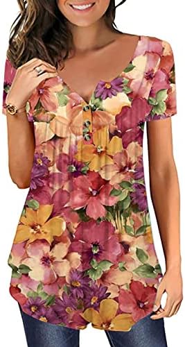 2023 פרחוני גרפי חולצות לנשים פתוח כפתור צווארון עגול הנלי חולצות להסתיר בטן רופף חולצות אביב מזדמן קצר שרוול
