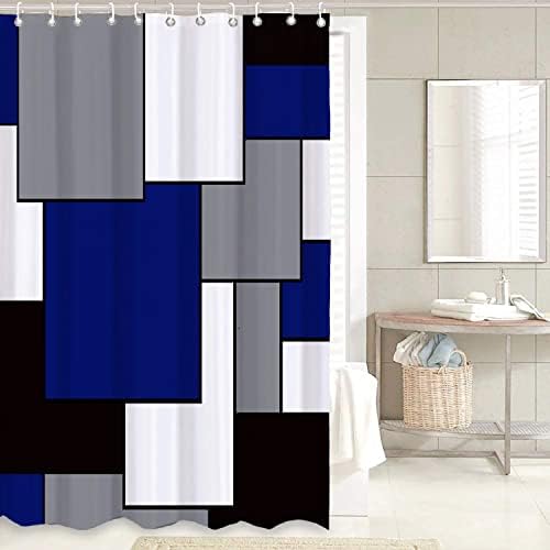 4 PCS סט וילון מקלחת שחור כחול גיאומטרי, ערכות אמבטיה מודרניות עם שטיחים ואביזרים, וילון אמבטיה של בד אטום למים