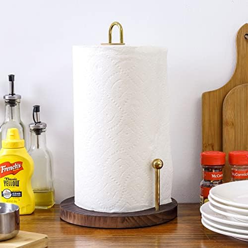MyGift טון פליז מודרני טון מתכת מחזיק מגבת נייר עם בסיס עץ מוצק שרוף, מתלה מתקן מגבת נייר יד