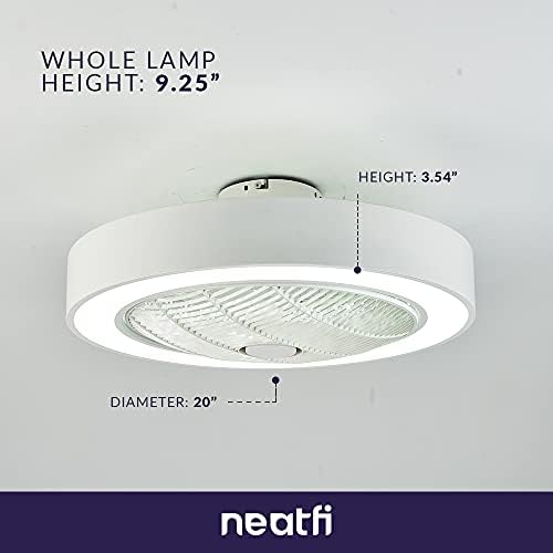 NEATFI 20 אינץ 'מאוורר תקרה מודרני ללא תערובת עם אור LED, שלט רחוק 3 מהירות, 7 להבי PVC, 3 צבעי אור