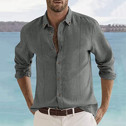 חולצות פשתן כותנה שרוול ארוך מזדמנים לגברים כפתורים למטה שרוול מגולגל רגיל קיץ חולצות חוף יוגי חולצה