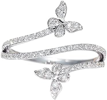 כפול פרפר טבעת כסף זירקון יהלומי חתונה אירוסין טבעת תכשיטי מתנה לנשים פרפר צורת ריינסטון טבעת גודל 6 10 תכשיטי