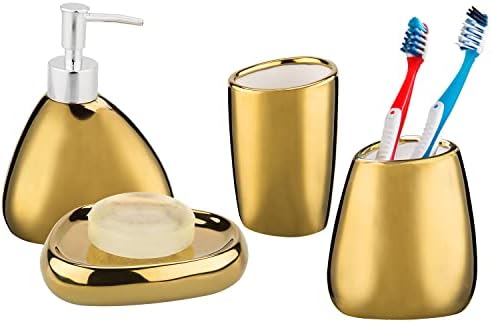 MyGift 4 חלקים מוזהב מודרני קרמיקה אביזר אמבטיה סט עם מתקן סבון, כוס, מחזיק מברשת שיניים וכלי סבון