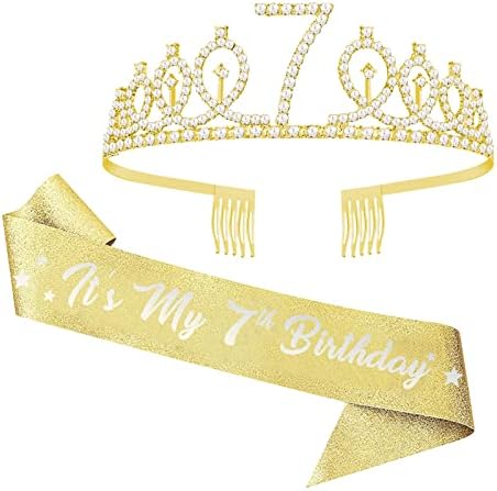 יום הולדת 7 אבנט וטיארה לבנות, סט אבנט נצנצים וכתר יום הולדת נהדר, מתנות ליום הולדת 7 שמחות לציוד