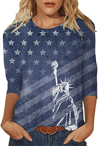 4 יולי חולצות לנשים אמריקאי דגל קיץ 3/4 שרוול צווארון עגול חולצה שלושה רבעון שרוול חג מזדמן חולצות