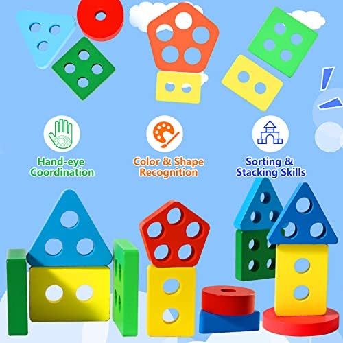 צעצועים של אבלזוס מונטסורי עבור 1 2 בן 3, מיון מעץ מערימה צעצוע לפעוטות 1-3, צורת צבע למידת