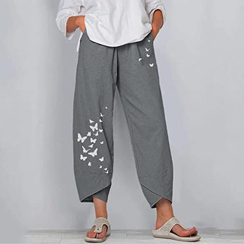 מכנסי קפרי נוחים לנשים מכנסי פשתן כותנה גבוהה עם רגל רחבה
