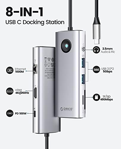 USB C Hub, Orico 8-in-1 USB C תחנת עגינה עם 4K HDMI, משלוח חשמל של 100 וואט, 2 יציאת USB 5 ג'יגה-ביט לשנייה,