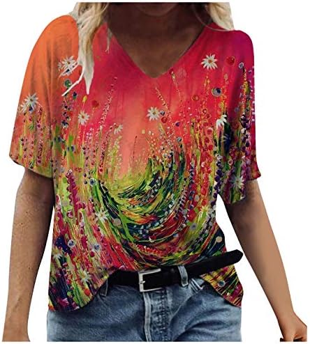 נשים חולצות קיץ טרנדי הדפסה קצר שרוול צווארון חולצות מקרית פרחוני בסיסי טיז חמוד מתגנדר טוניקת חולצה
