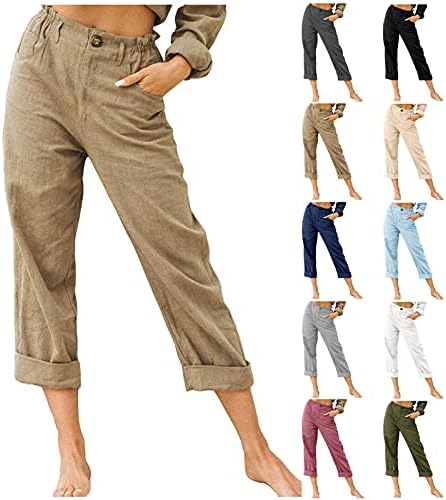 מכנסי איכרים של Xueton לנשים בתוספת פשתן כותנה בגודל רגל רחבה קפרי מכנסיים מותניים אלסטיים רופפים
