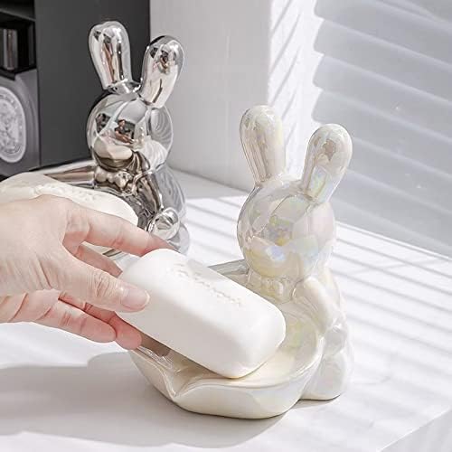 צלחת סבון קרמיקה לחדר אמבטיה, מחזיק ארנב חתלתול חמוד מתנקז בעצמי בצורת ארנב צלחת סבון למקלחת, קל לניקוי ושומר