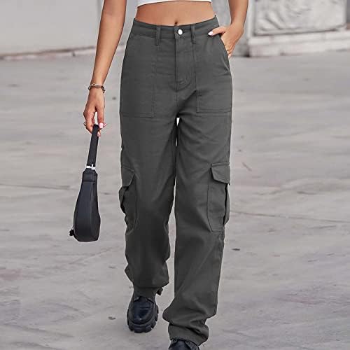 מכנסי מטען של ג'ורסה נשים מכפתור רוכסן מכנסיים מכנסיים אמצע עלייה מכנסיים ישר מכנסיים מזדמנים ישר עם כיסים