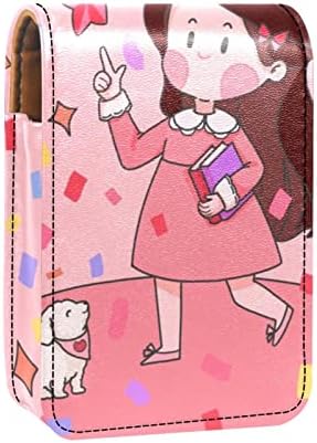 אוריואקאן שפתון מקרה עם מראה חמוד נייד איפור תיק קוסמטי פאוץ, ילדה וכלב קריקטורה ורוד יפה