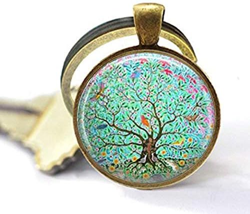 עץ עם אהבה ציפורים מקשים מחזיק מפתחות ， תכשיטים מעודנים, תכשיטי זכוכית כיפה