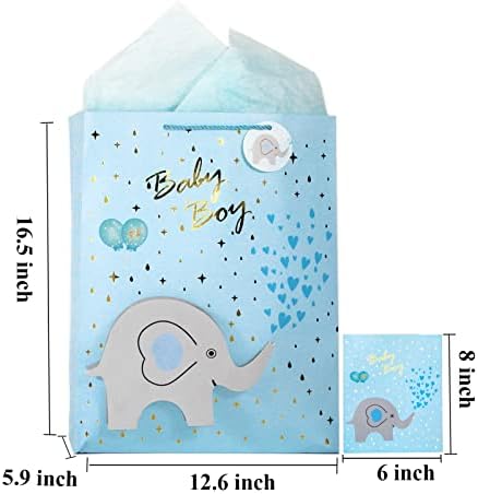 Cuterui מחונן 16.5 שקיות מתנה גדולות במיוחד עם ילד עם טלאי פיל תלת מימדי למקלחת לתינוק עם נייר טישו וכרטיס ברכה